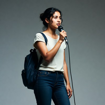 Young woman singing into microphone