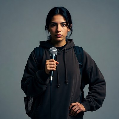 Woman holding microphone with backpack