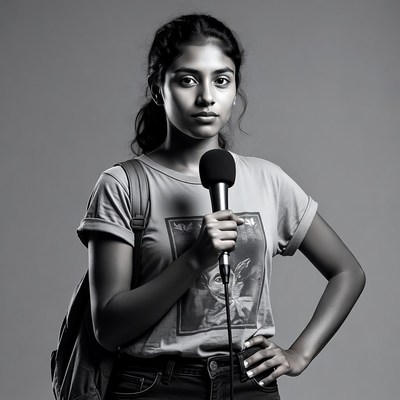 Young woman holding microphone