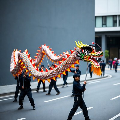 Men carrying Chinese dragon in parade