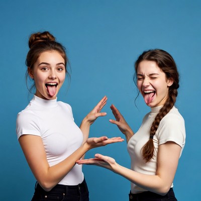Two girls sticking out tongues