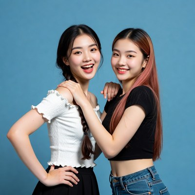 Two smiling Asian girls posing together