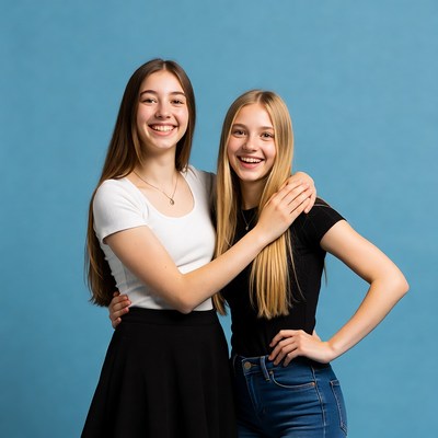 Two smiling teenage girls hugging
