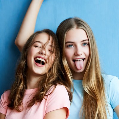 Two girls sticking out tongues laughing
