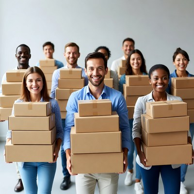 Diverse team holding cardboard boxes