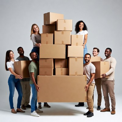 Diverse group lifting cardboard boxes