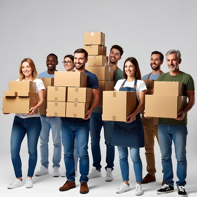 Diverse team holding cardboard boxes