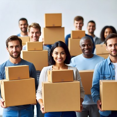 Diverse team holding cardboard boxes