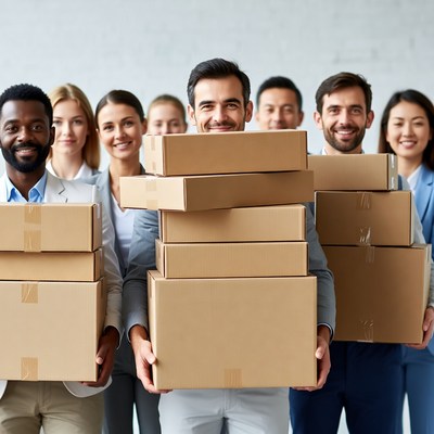 Diverse team holding cardboard boxes