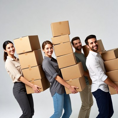 Team carrying stacked cardboard boxes