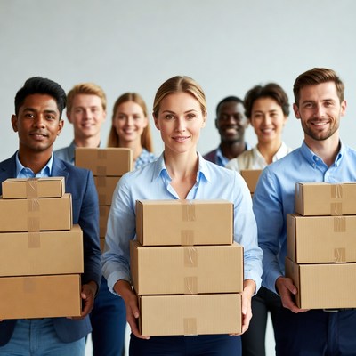 Diverse team holding cardboard boxes