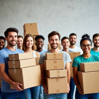 Diverse group holding cardboard boxes