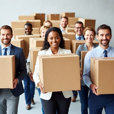 Diverse team carrying cardboard boxes