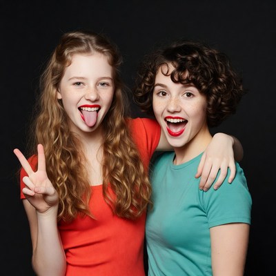 Two girls sticking tongues out with peace sign