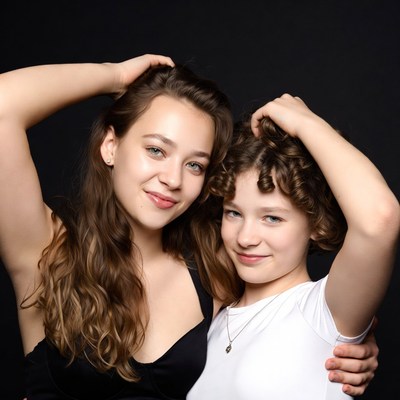 Two young girls hugging arms raised