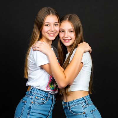 Two teenage girls hugging smiling
