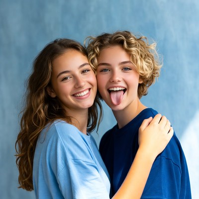 Two girls sticking tongue smiling together