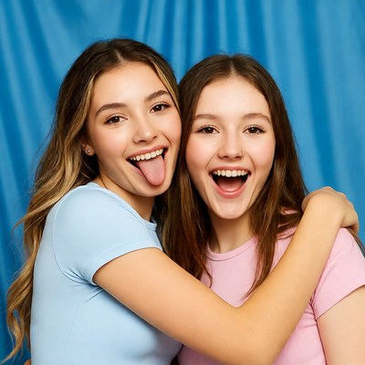 Two girls hugging sticking tongue out