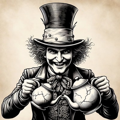 Mad Hatter Holding Teapots