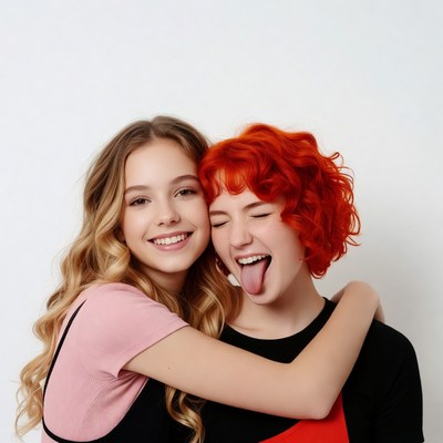 Two girls hugging with tongue out