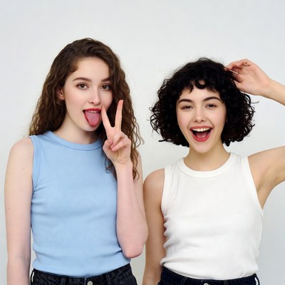 Two girls sticking tongue out peace sign