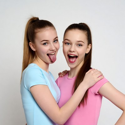 Two girls sticking out tongues