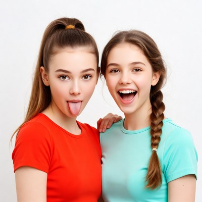 Two girls sticking tongue out smiling
