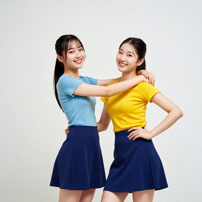 Two Asian girls hugging in colorful outfits