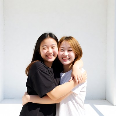 Two Asian women hugging smiling