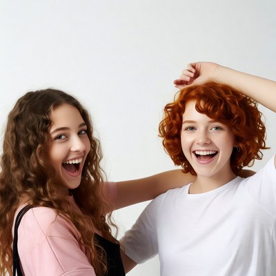 Two girls laughing with arms around shoulders