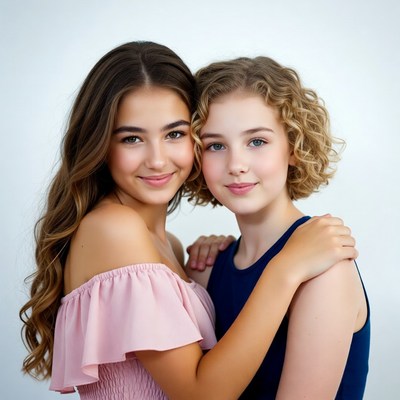 Two smiling teenage girls hugging