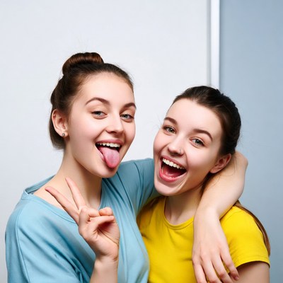 Two girls sticking tongue peace sign