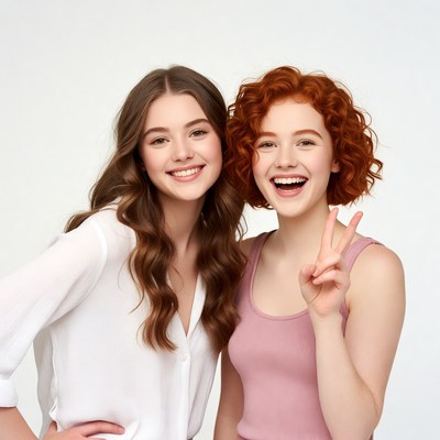 Two smiling girls making peace sign