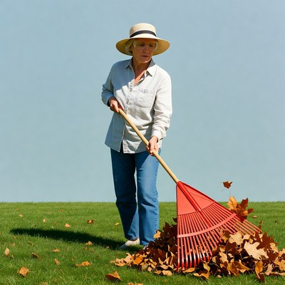 Elderly woman raking autumn leaves