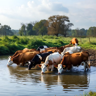 Cows drinking water at riverbank