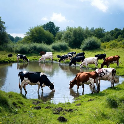 Cows drinking from pond