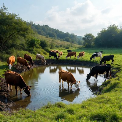 Cows drinking from pond in green pasture