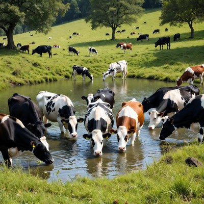 Cows drinking from pond