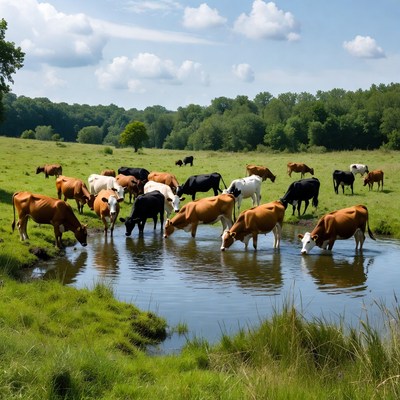 Cows drinking from pond in green pasture