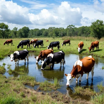 Cows drinking from pond