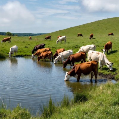 Cows drinking from pond