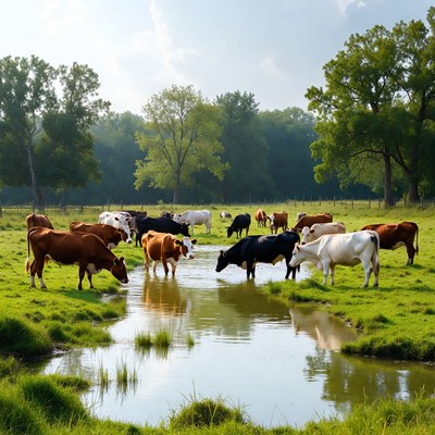 Cows drinking from stream in green pasture