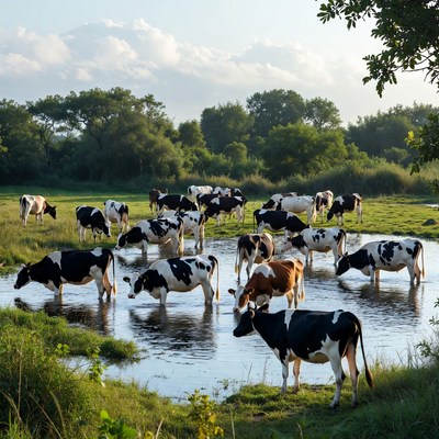 Herd of cows drinking water