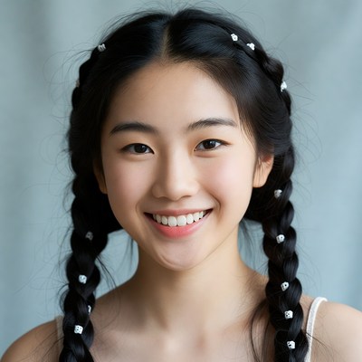 Asian girl smiling with pigtails