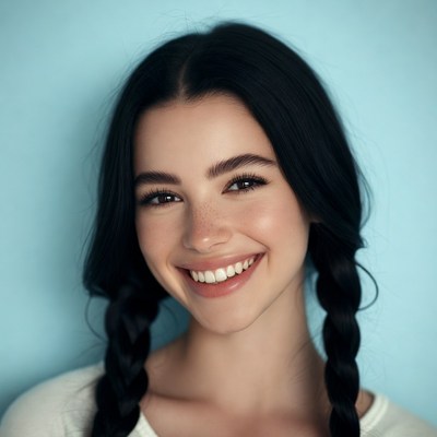 Smiling woman with black pigtails