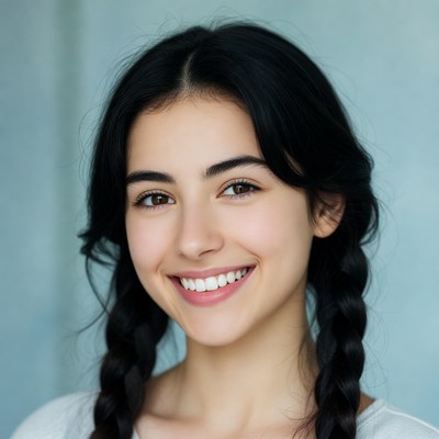 Smiling woman with black pigtails