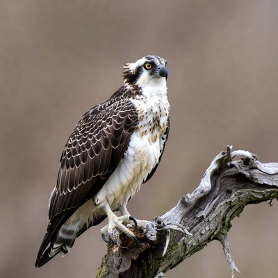 Osprey perched on driftwood branch