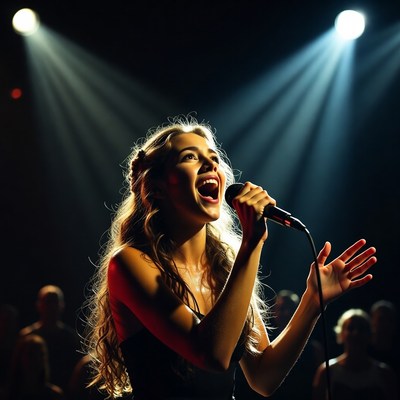 Blonde woman singing on stage