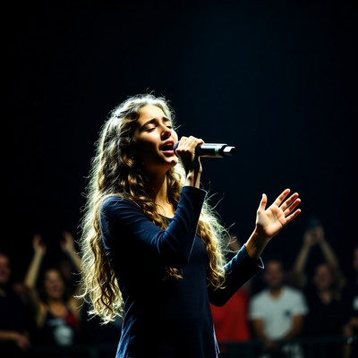 Woman singing on stage with microphone