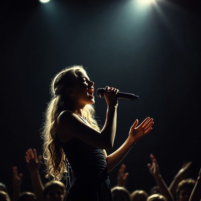 Blonde woman singing on stage